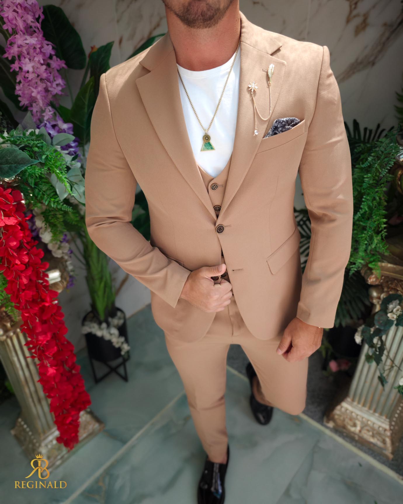 Costum de bărbați, Maro deschis: Sacou, Vesta si Pantalon- C5217 - imagine 2