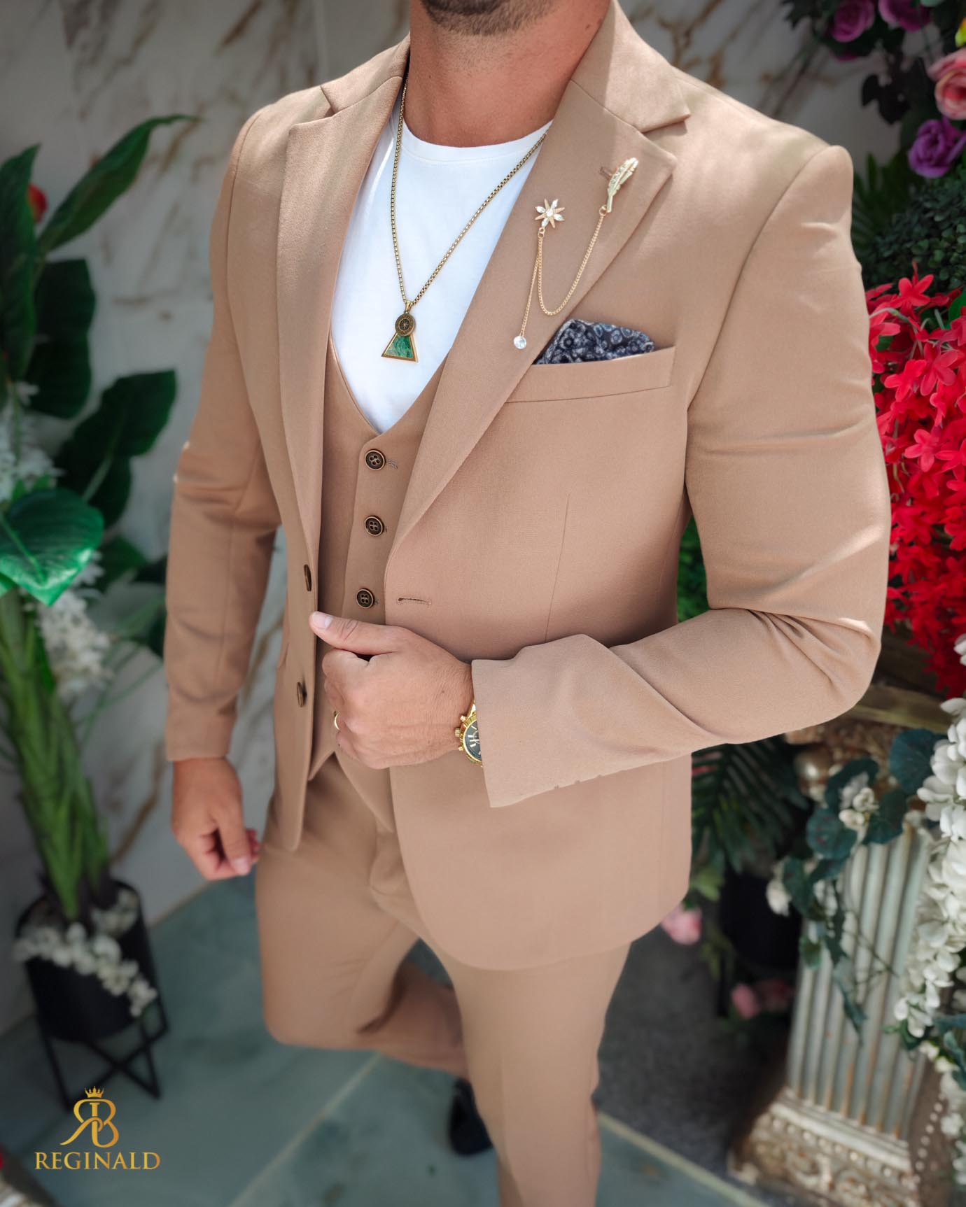 Costum de bărbați, Maro deschis: Sacou, Vesta si Pantalon- C5217 - imagine 6