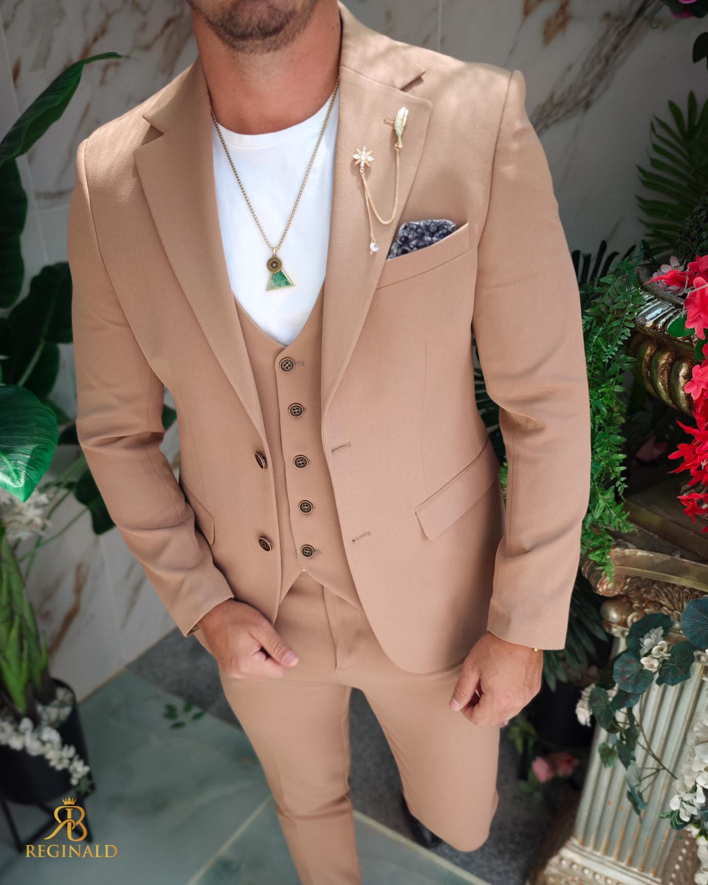 Costum de bărbați, Maro deschis: Sacou, Vesta si Pantalon- C5217 - imagine 4