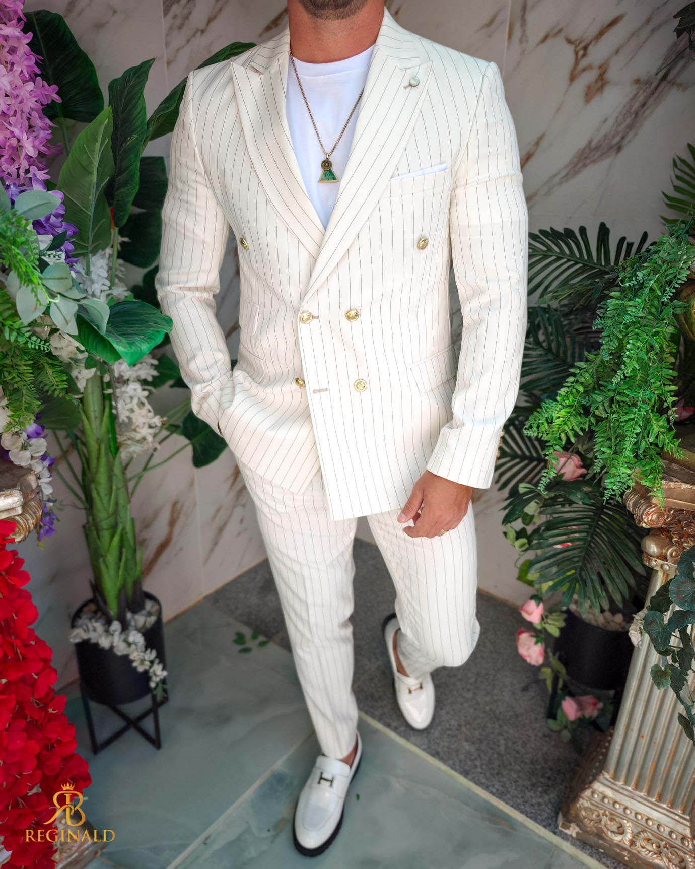 Costum de bărbați, Alb Ivoire cu dungi negre: Sacou si Pantalon- C5214 - imagine 2