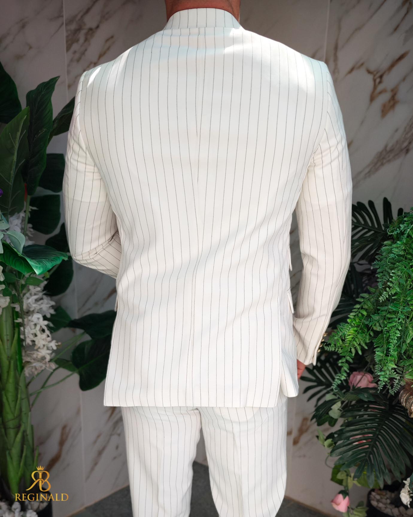 Costum de bărbați, Alb Ivoire cu dungi negre: Sacou si Pantalon- C5214 - imagine 8