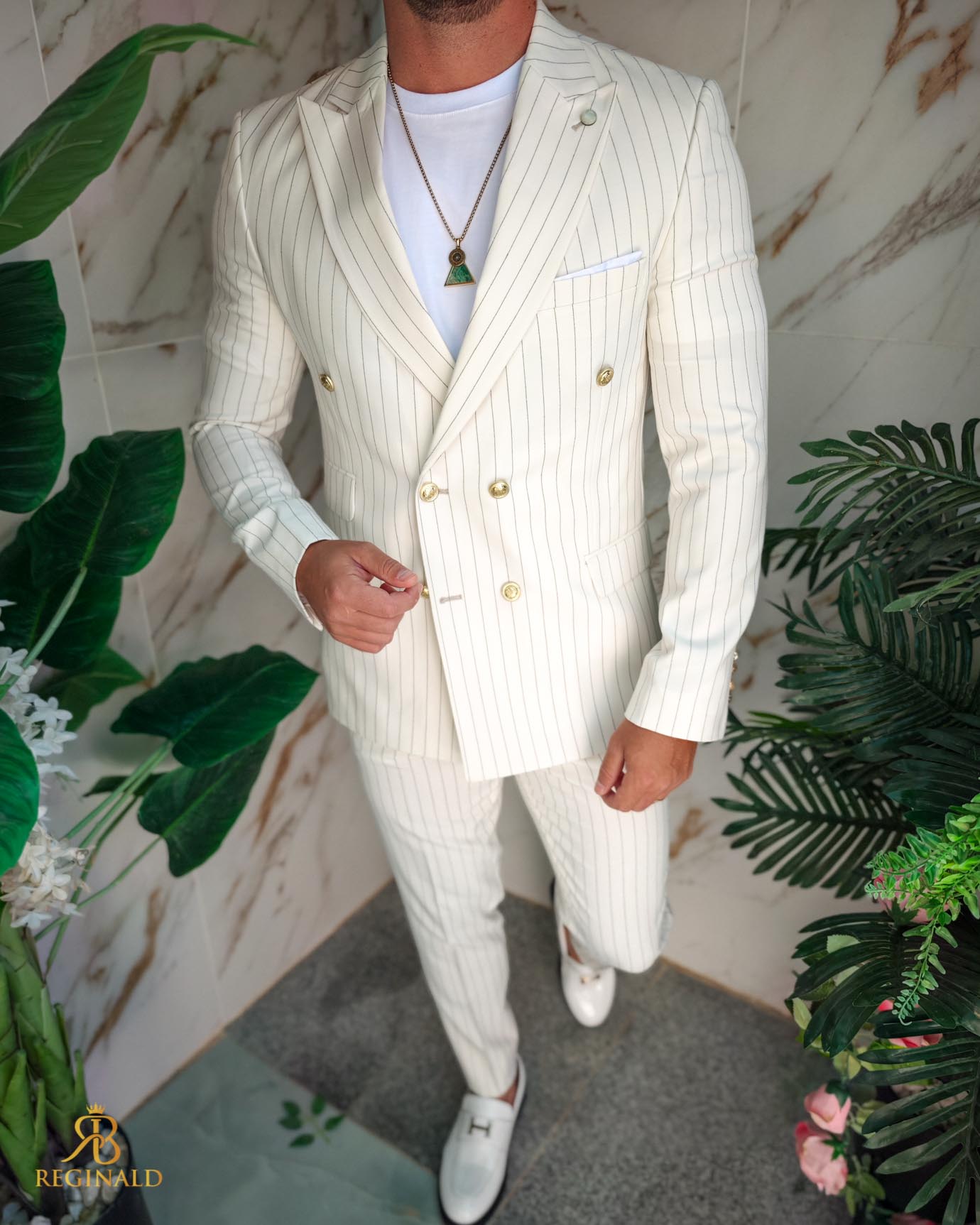 Costum de bărbați, Alb Ivoire cu dungi negre: Sacou si Pantalon- C5214 - imagine 3