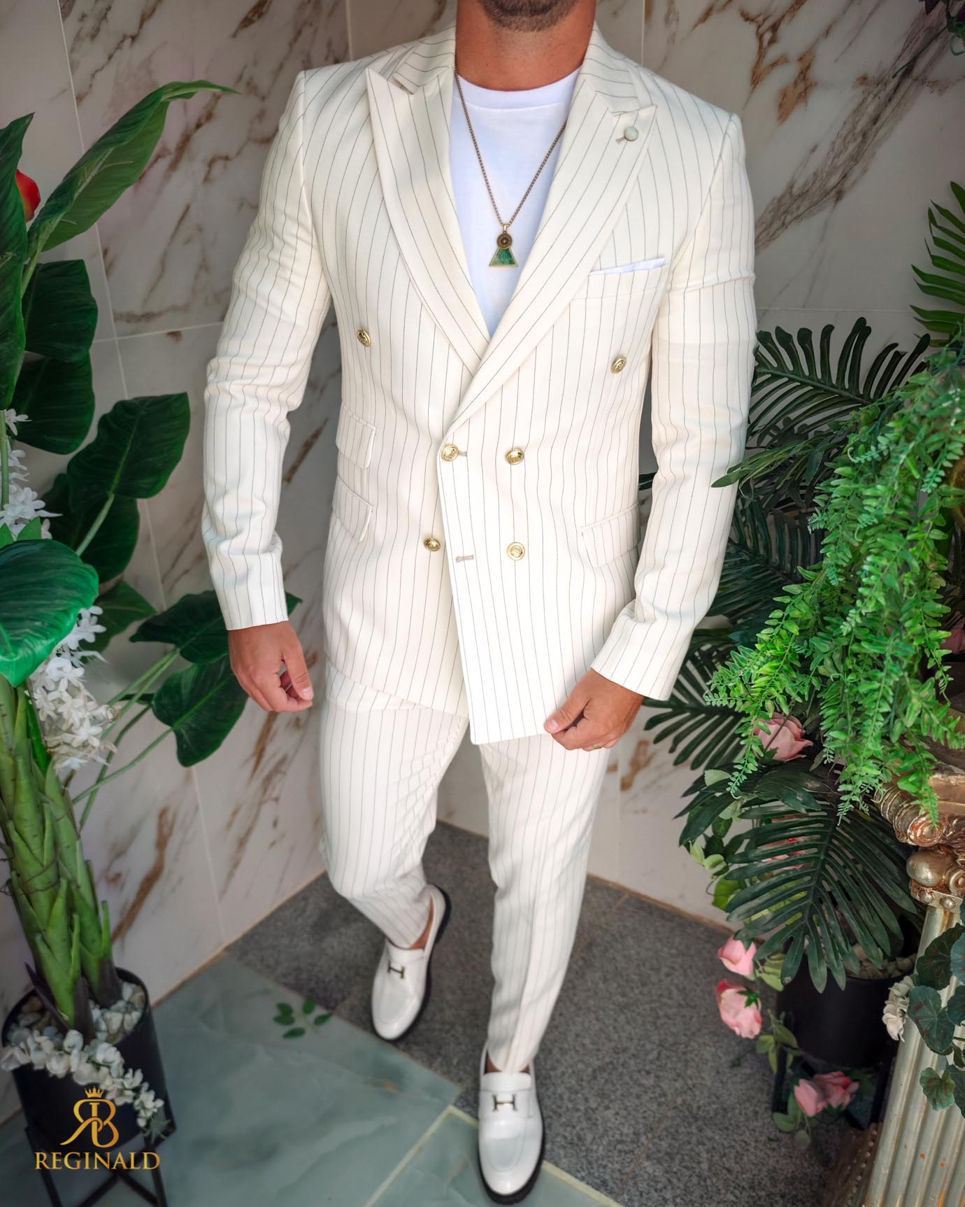 Costum de bărbați, Alb Ivoire cu dungi negre: Sacou si Pantalon- C5214 - imagine 4
