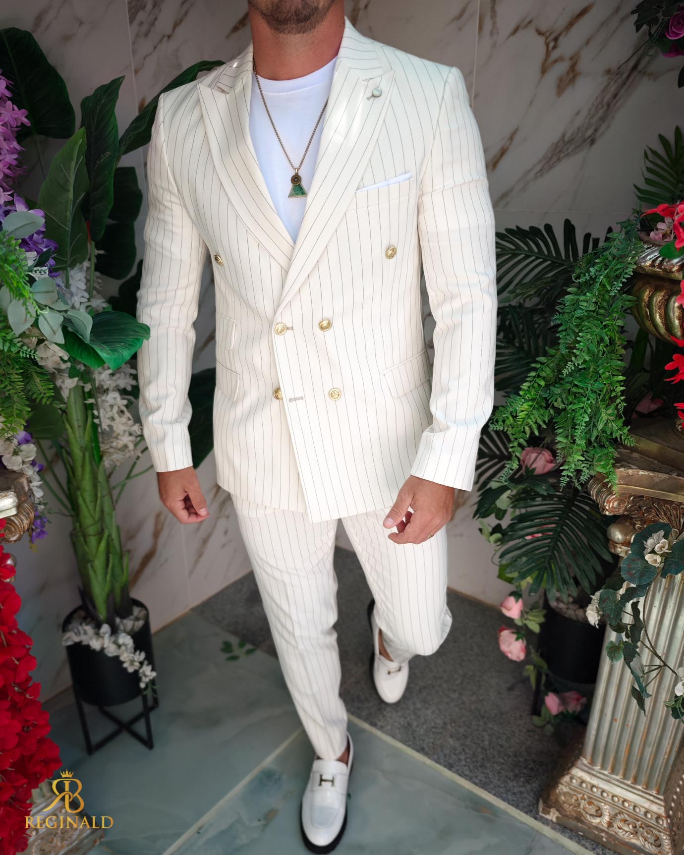 Costum de bărbați, Alb Ivoire cu dungi negre: Sacou si Pantalon- C5214 - imagine 5