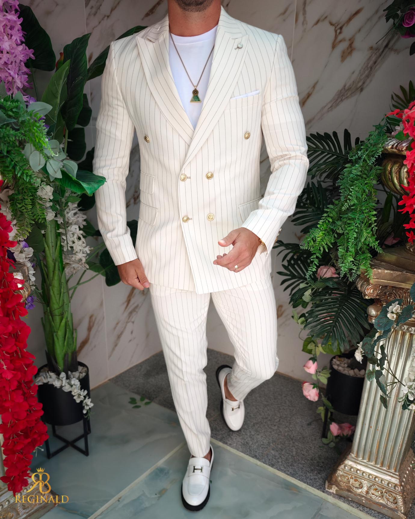 Costum de bărbați, Alb Ivoire cu dungi negre: Sacou si Pantalon- C5214 - imagine 6
