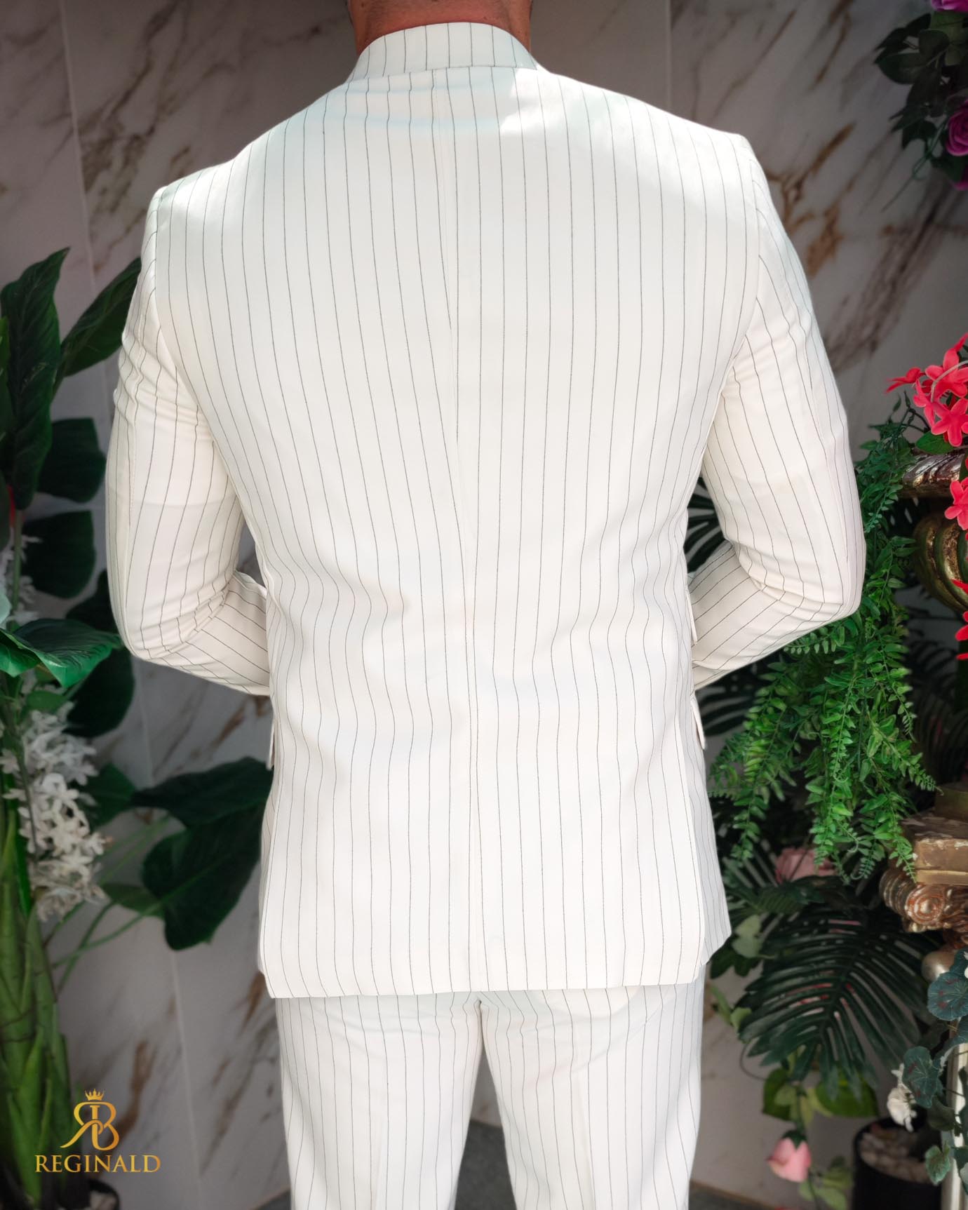 Costum de bărbați, Alb Ivoire cu dungi negre: Sacou si Pantalon- C5214 - imagine 9