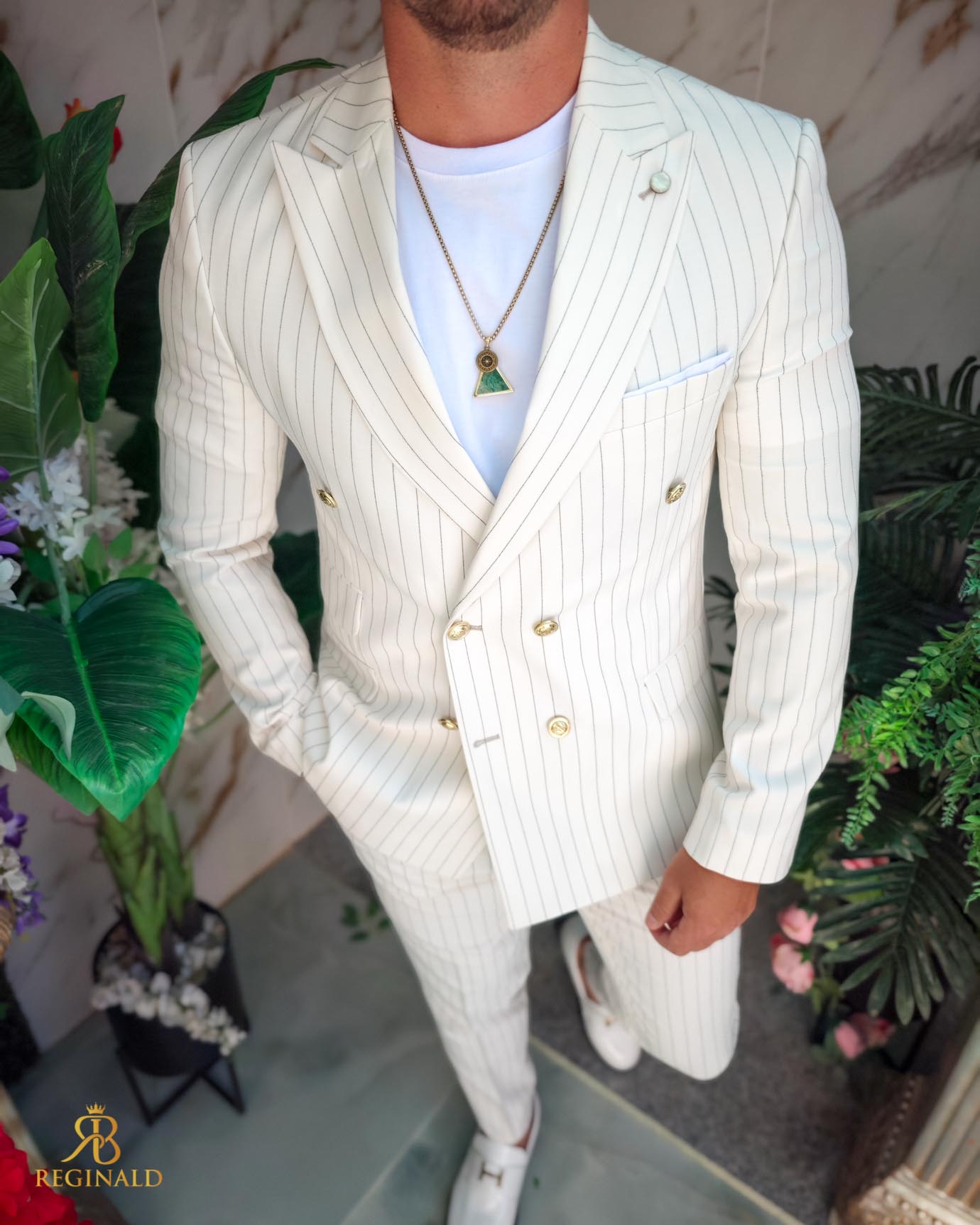 Costum de bărbați, Alb Ivoire cu dungi negre: Sacou si Pantalon- C5214 - imagine 7