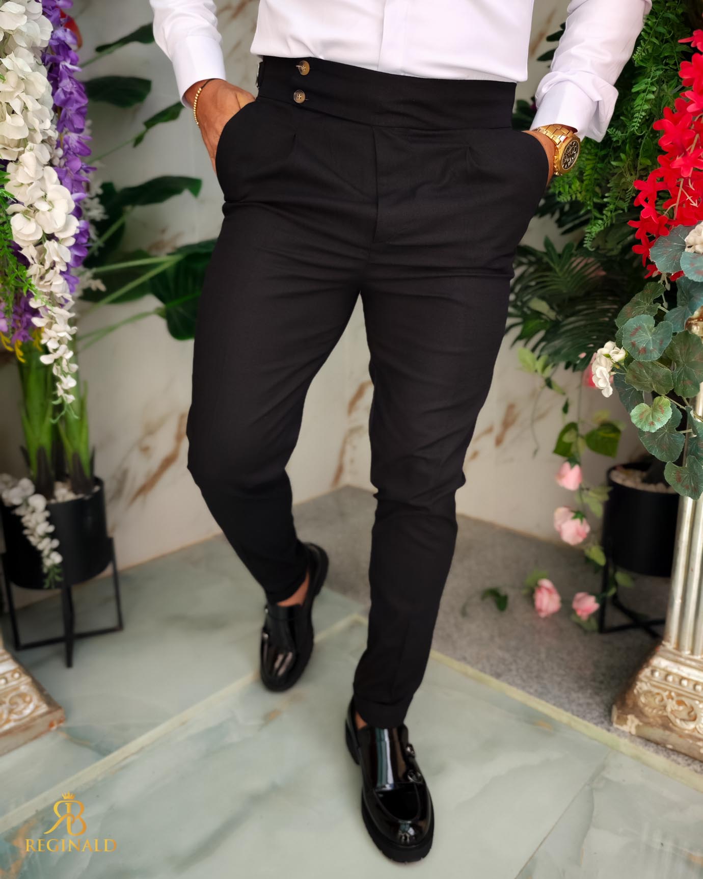 Pantaloni eleganti negri cu pense, IN, Slim-Fit, croiala conica– PN847 - imagine 2