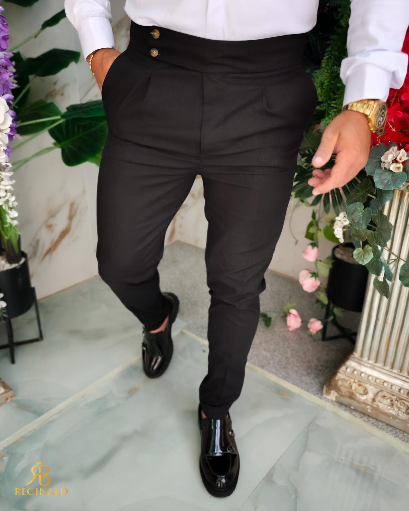 Pantaloni eleganti negri cu pense, IN, Slim-Fit, croiala conica– PN847 - imagine 4