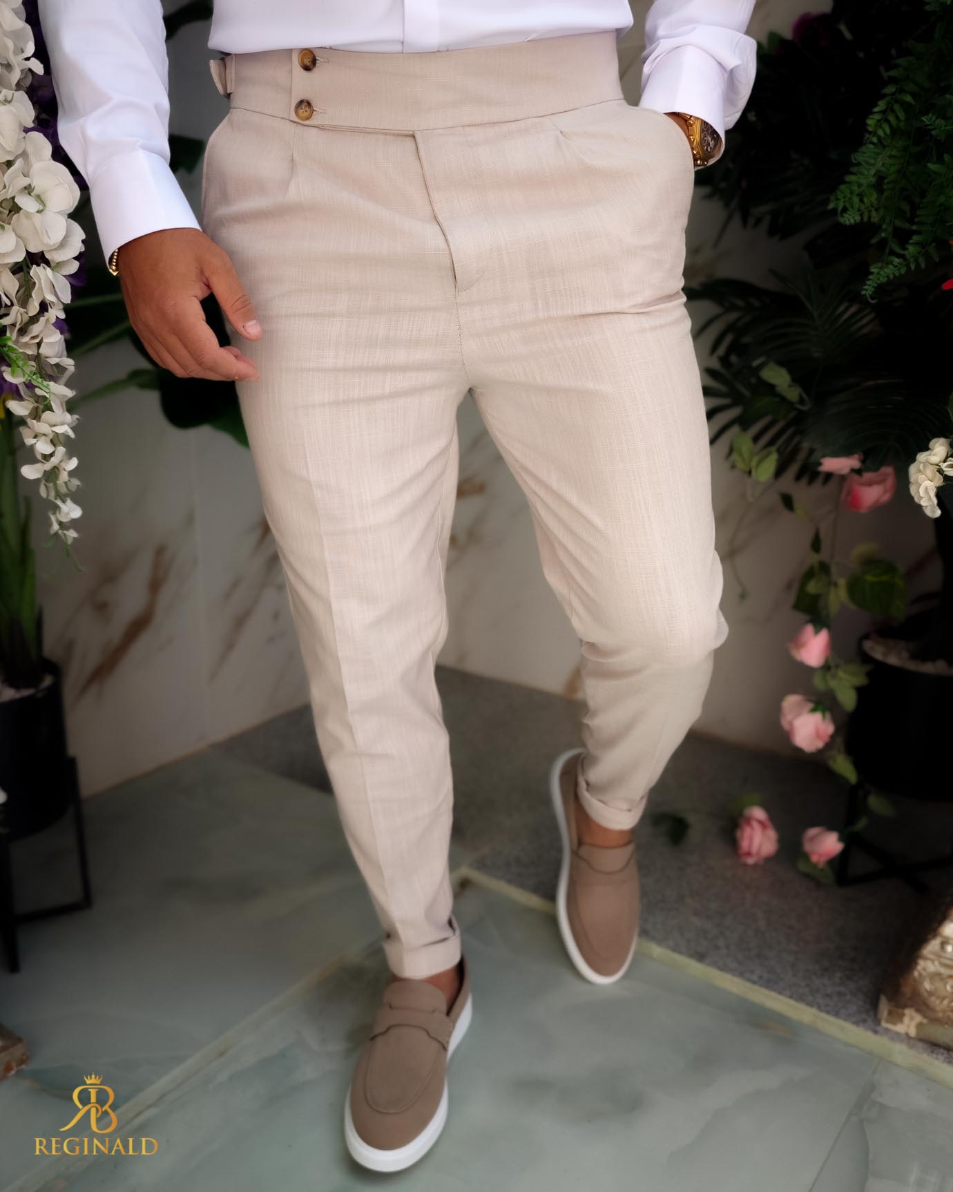 Pantaloni eleganti bej cu pense, IN, Slim-Fit, croiala conica– PN848 - imagine 2