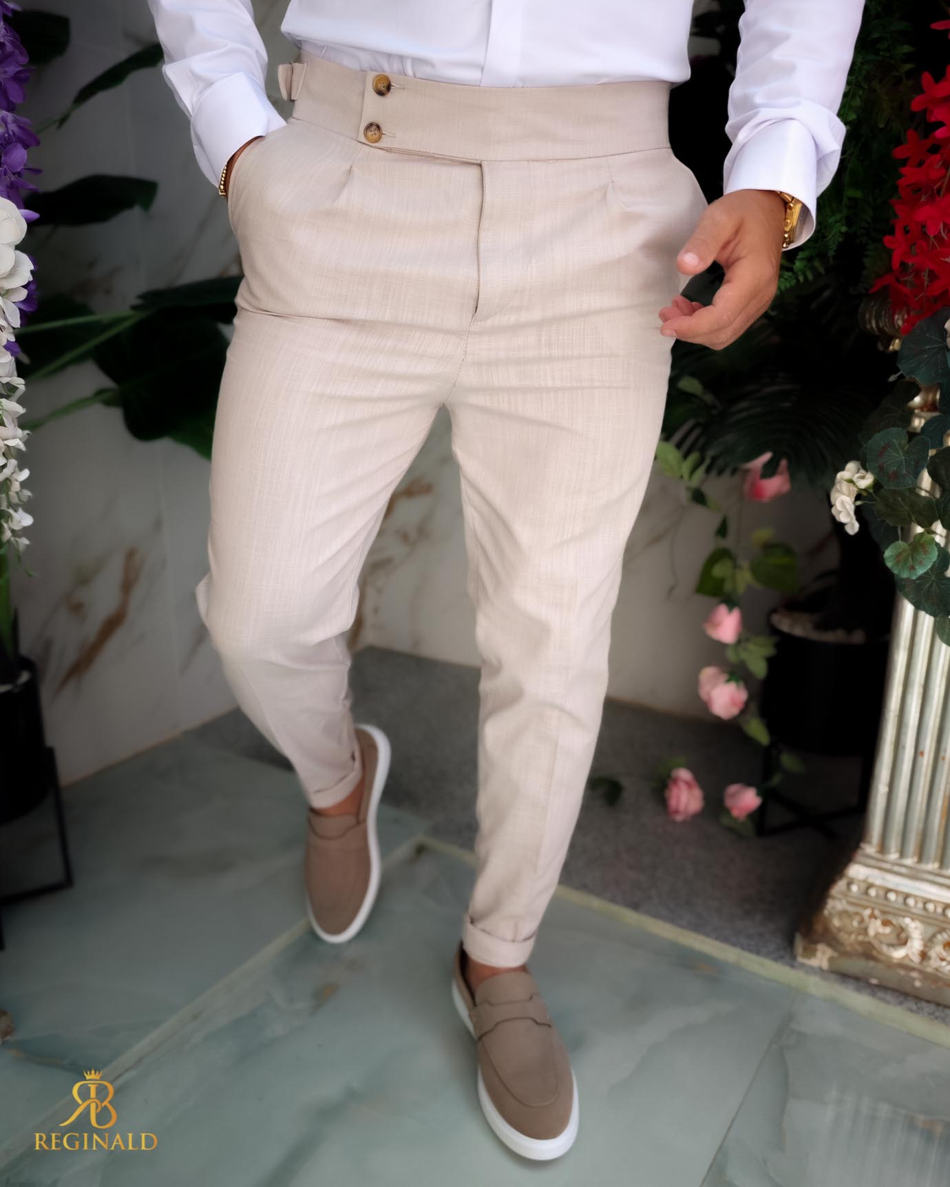 Pantaloni eleganti bej cu pense, IN, Slim-Fit, croiala conica– PN848 - imagine 3