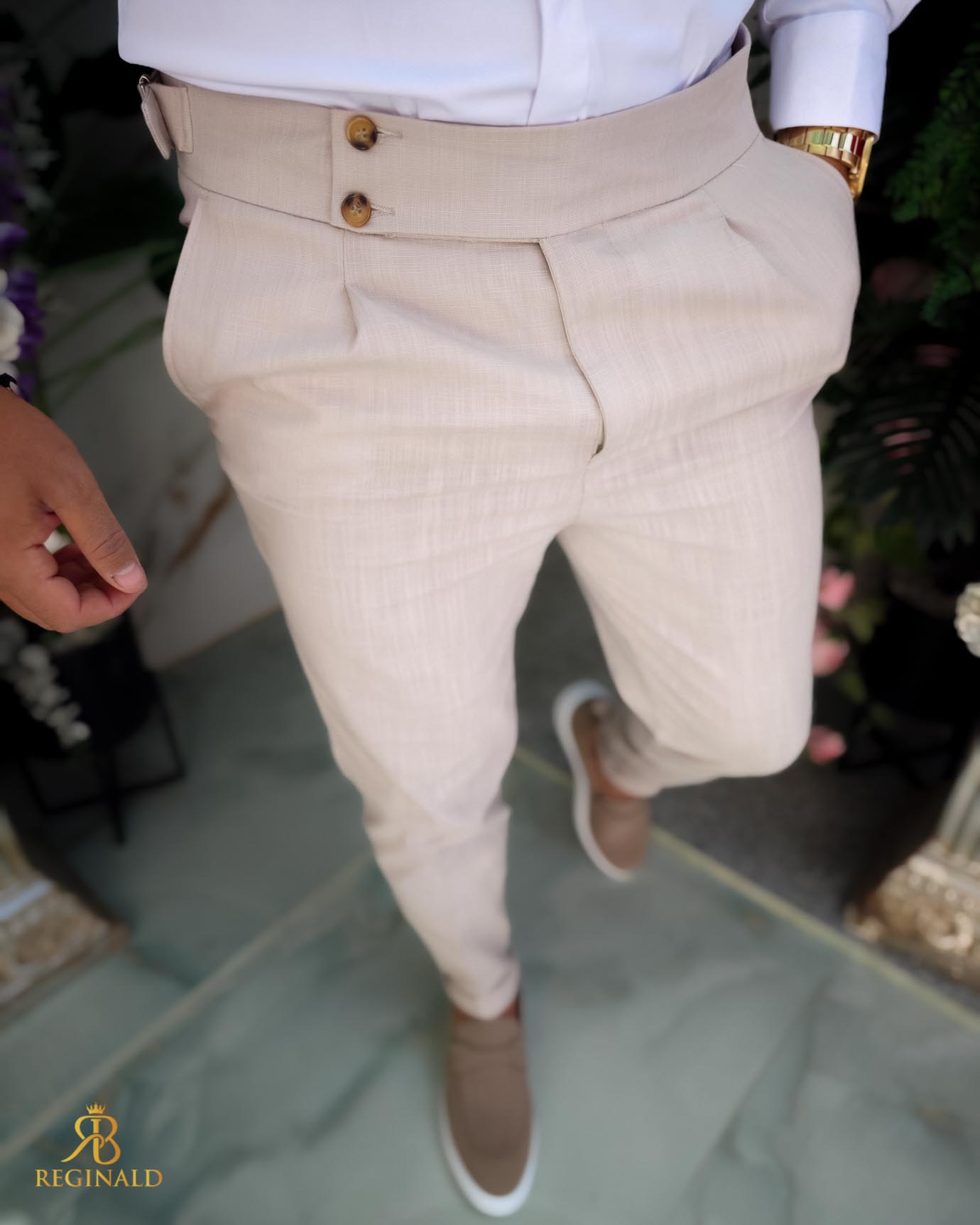 Pantaloni eleganti bej cu pense, IN, Slim-Fit, croiala conica– PN848 - imagine 5