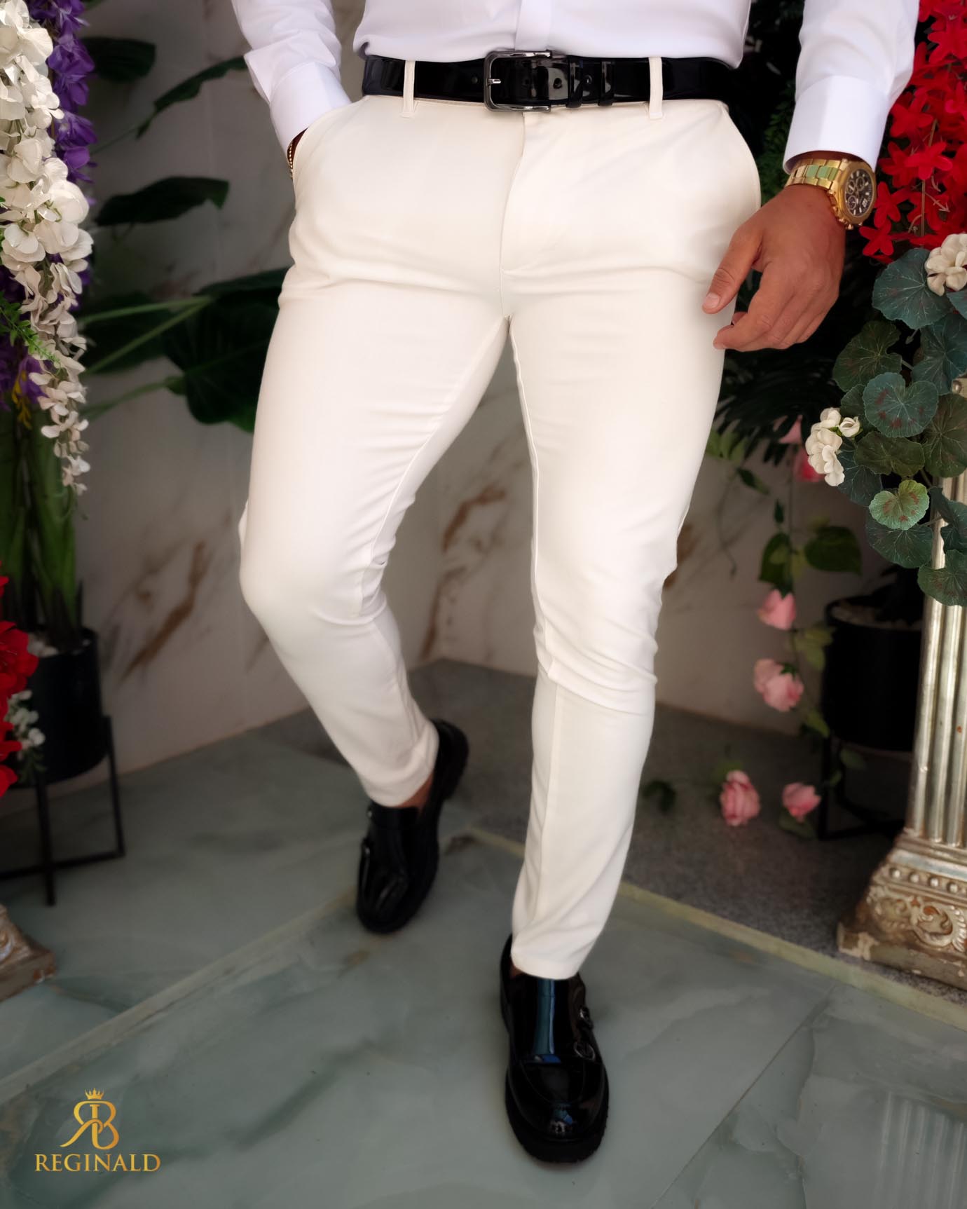 Pantaloni eleganti albi-ivoire, elastici, Slim-Fit, croiala conica– PN853 - imagine 4