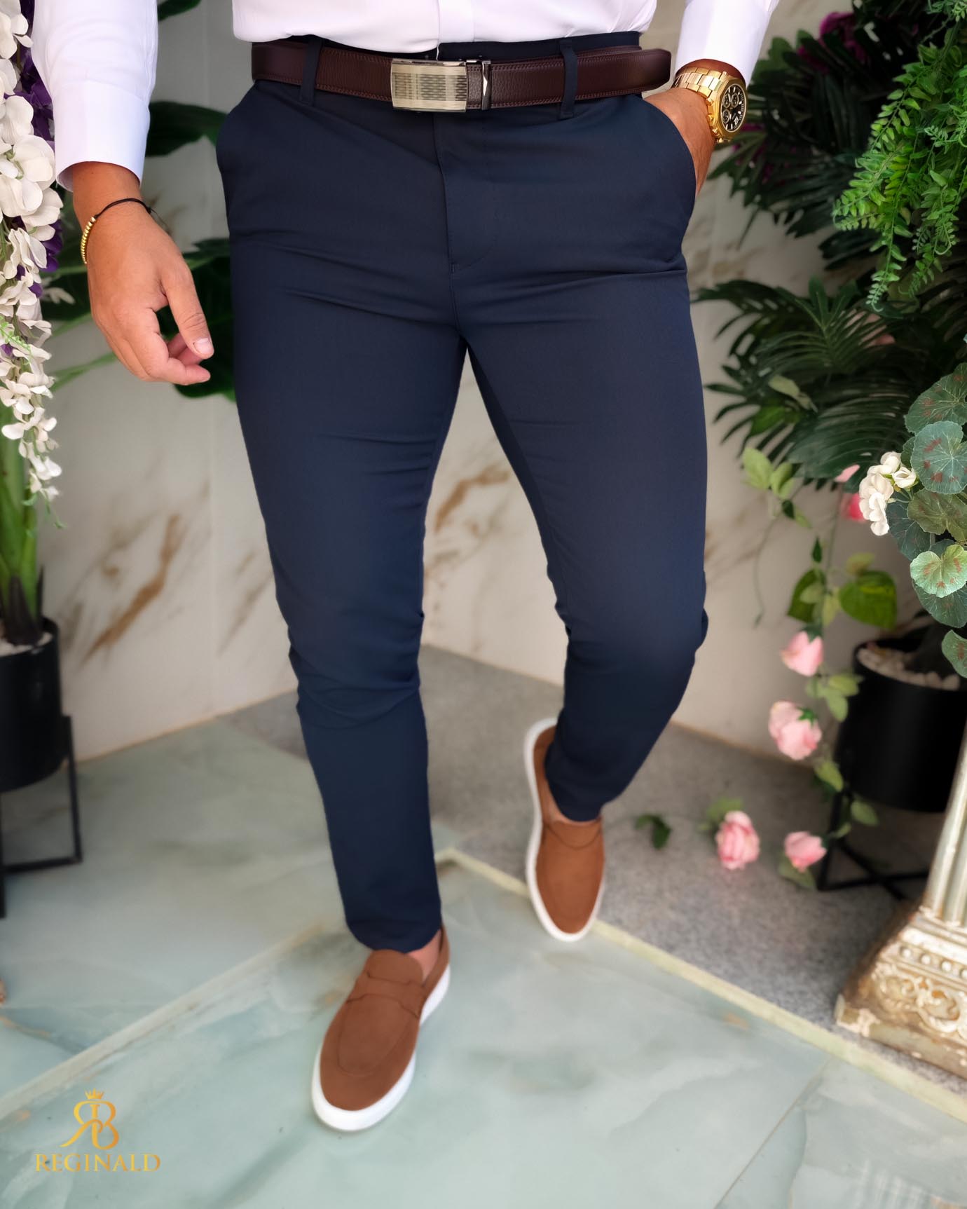 Pantaloni eleganti bleumarin, elastici, Slim-Fit, croiala conica– PN854 - imagine 2