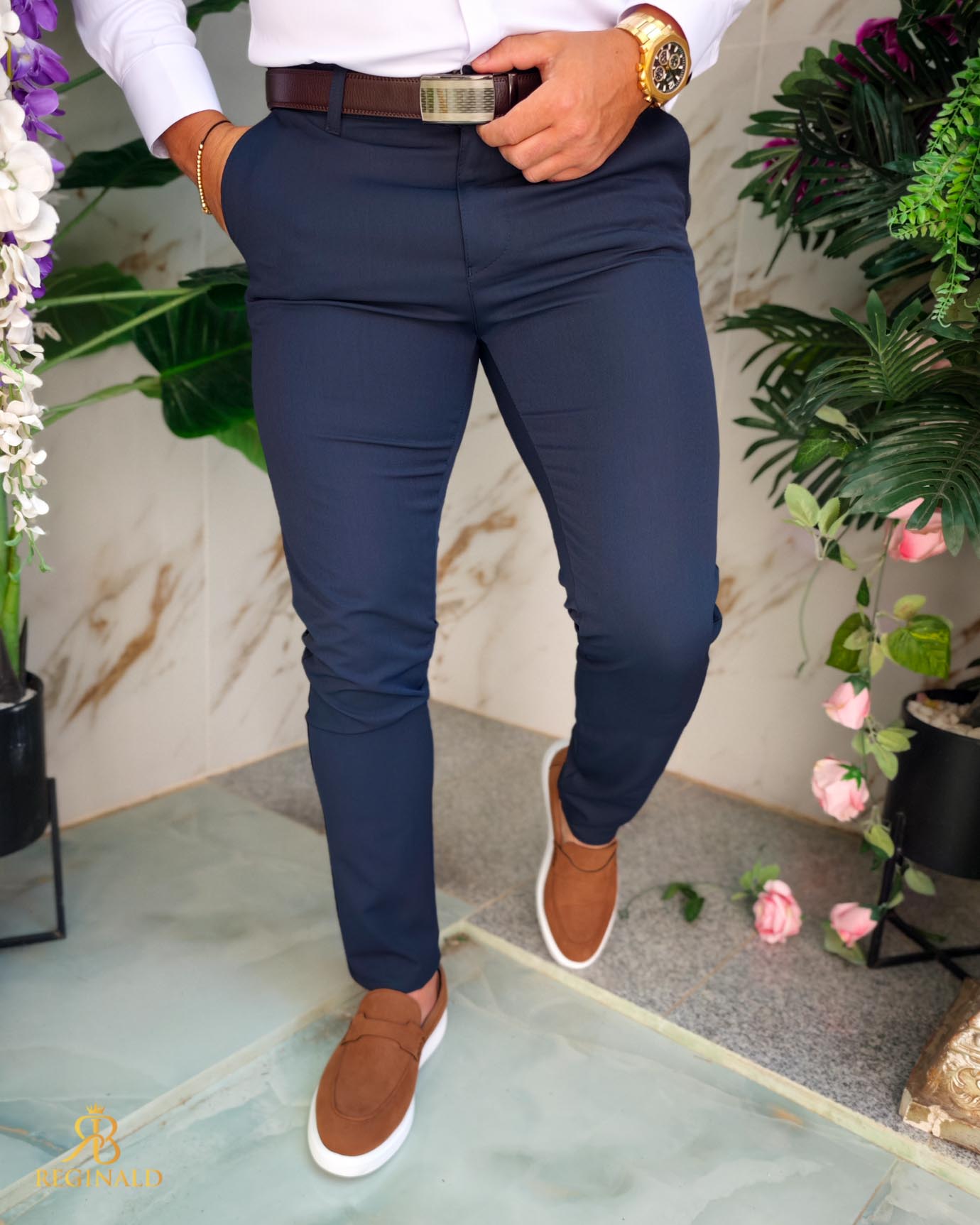 Pantaloni eleganti bleumarin, elastici, Slim-Fit, croiala conica– PN854 - imagine 3