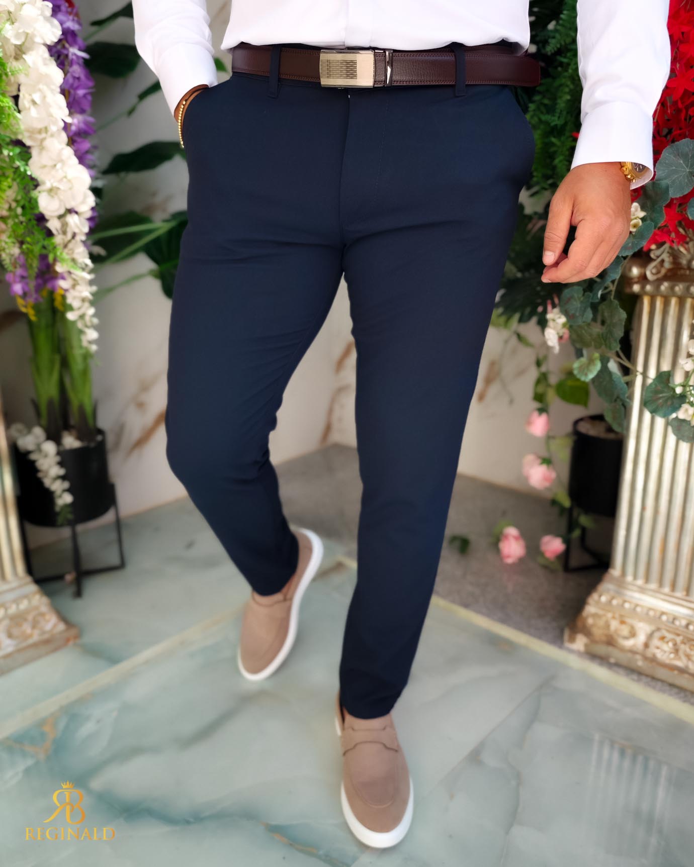 Pantaloni eleganti bleumarin, elastici, Slim-Fit, croiala conica– PN854 - imagine 4