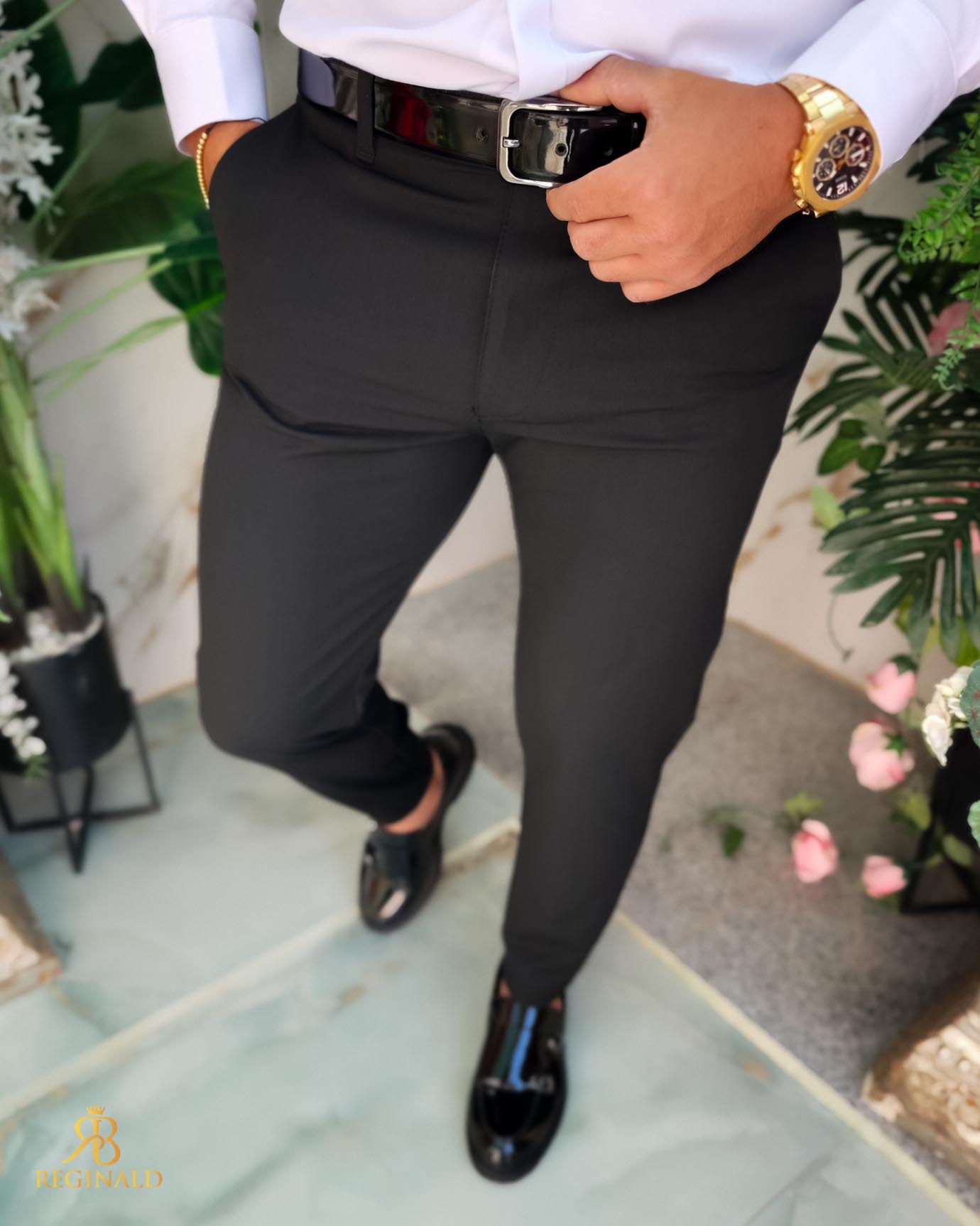 Pantaloni eleganti negri, elastici, Slim-Fit, croiala conica– PN855 - imagine 3