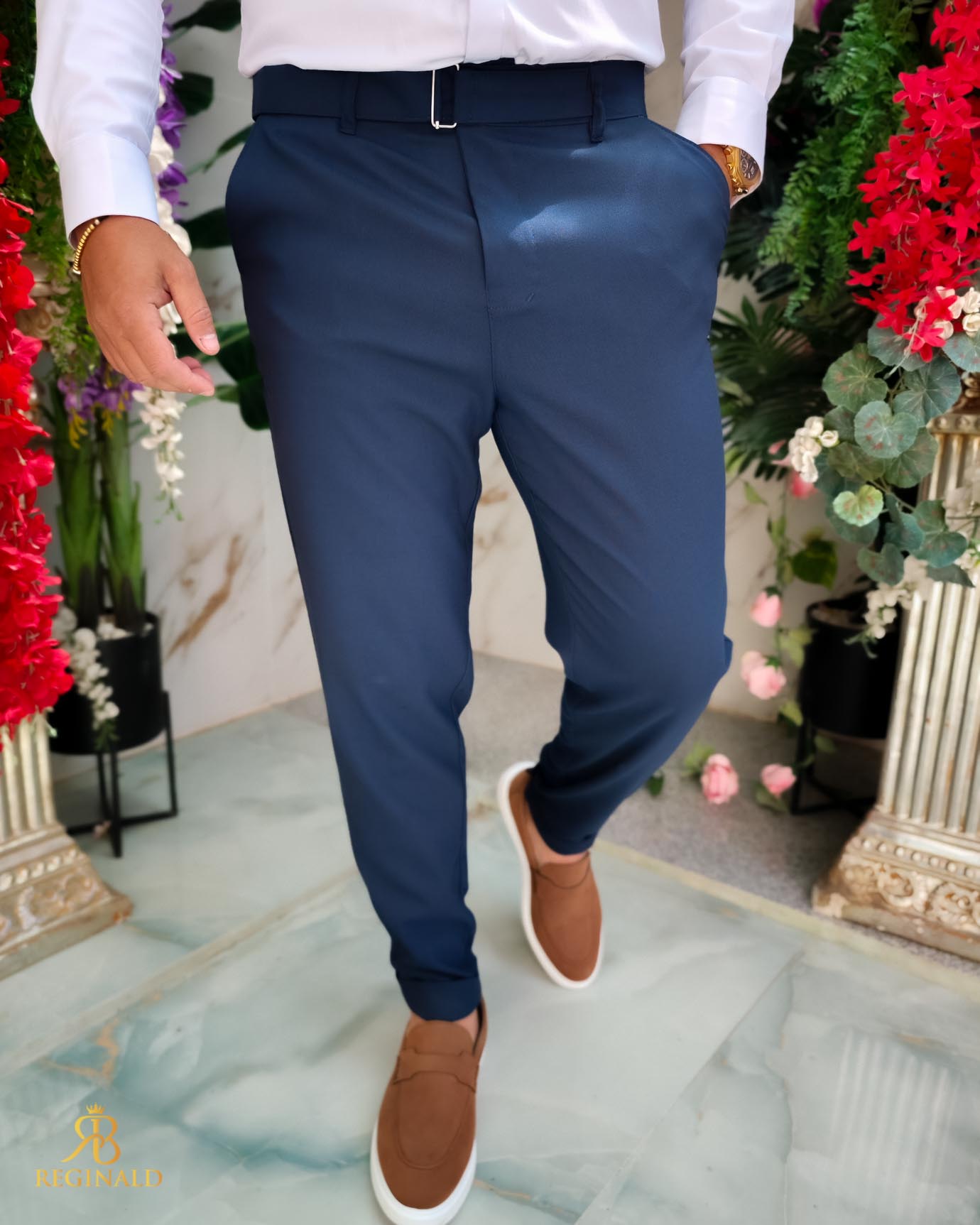 Pantaloni eleganti albastri, elastici, Slim-Fit, croiala conica– PN856 - imagine 2