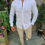Camicia bianca da uomo, colletto, trama in lino – CR187