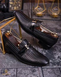 Pantofi Mocasini / Loafers negri piele naturala, Croc texture - P1862