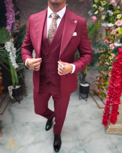 Costum visiniu, Sacou, Vesta si Pantalon, lana 100% Super 200`S - C5251