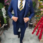 Costume bleu marine, veste, gilet et pantalon, laine 100% Super 200`S - C5254