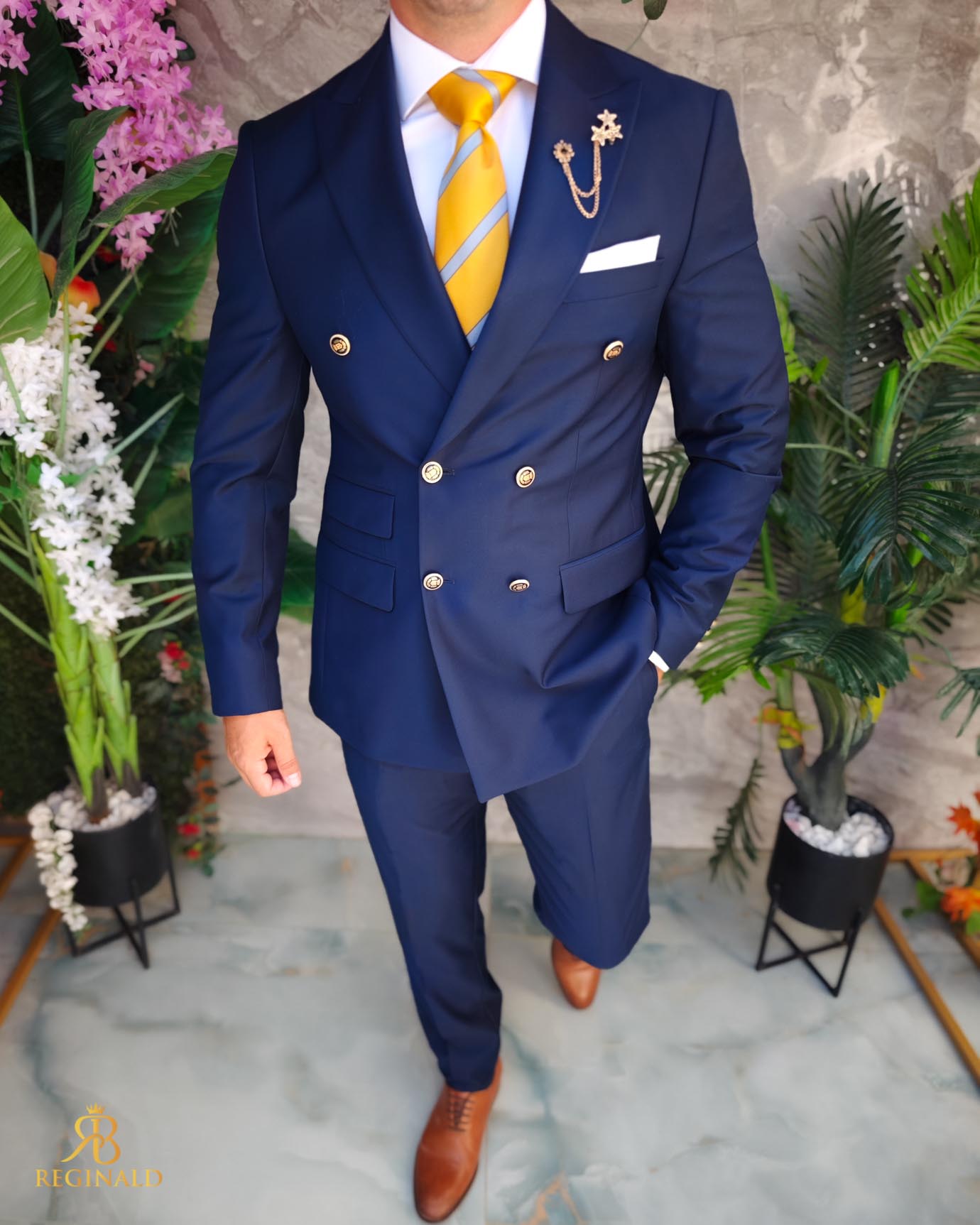 Costum de barbati elegant bleumarin cu butoni aurii Sacou si Pantalon - C3376 - imagine 4