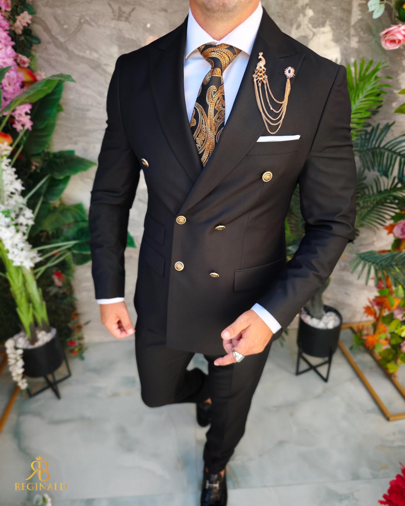 Costum negru, Double Breasted, Sacou si Pantalon, 100% lana - C4007 - imagine 2