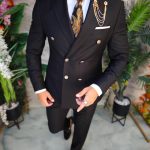 Black double-breasted suit, jacket and trousers, 100% wool - C4007