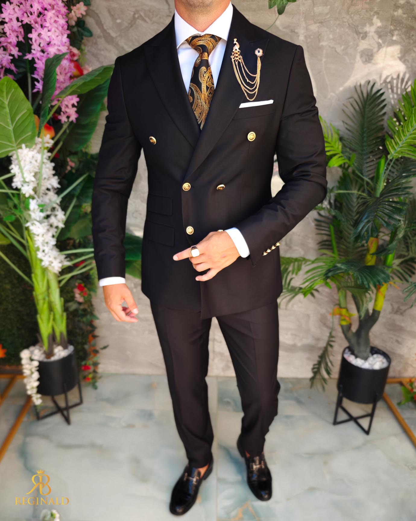 Costum negru, Double Breasted, Sacou si Pantalon, 100% lana - C4007 - imagine 3