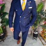 Elegant navy blue men’s suit with gold cufflinks – jacket and trousers, 100% Wool - C3376
