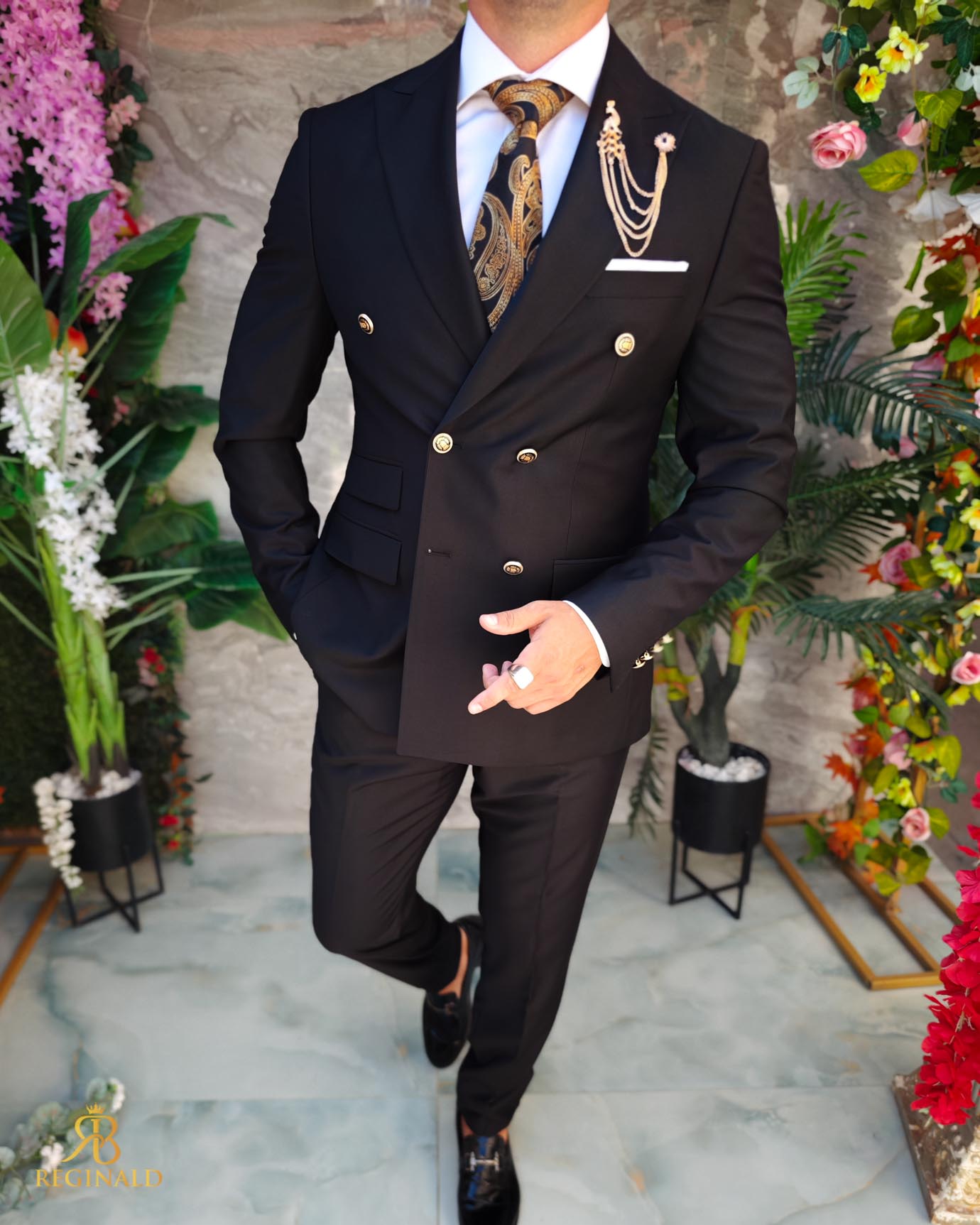 Costum negru, Double Breasted, Sacou si Pantalon, 100% lana - C4007 - imagine 4