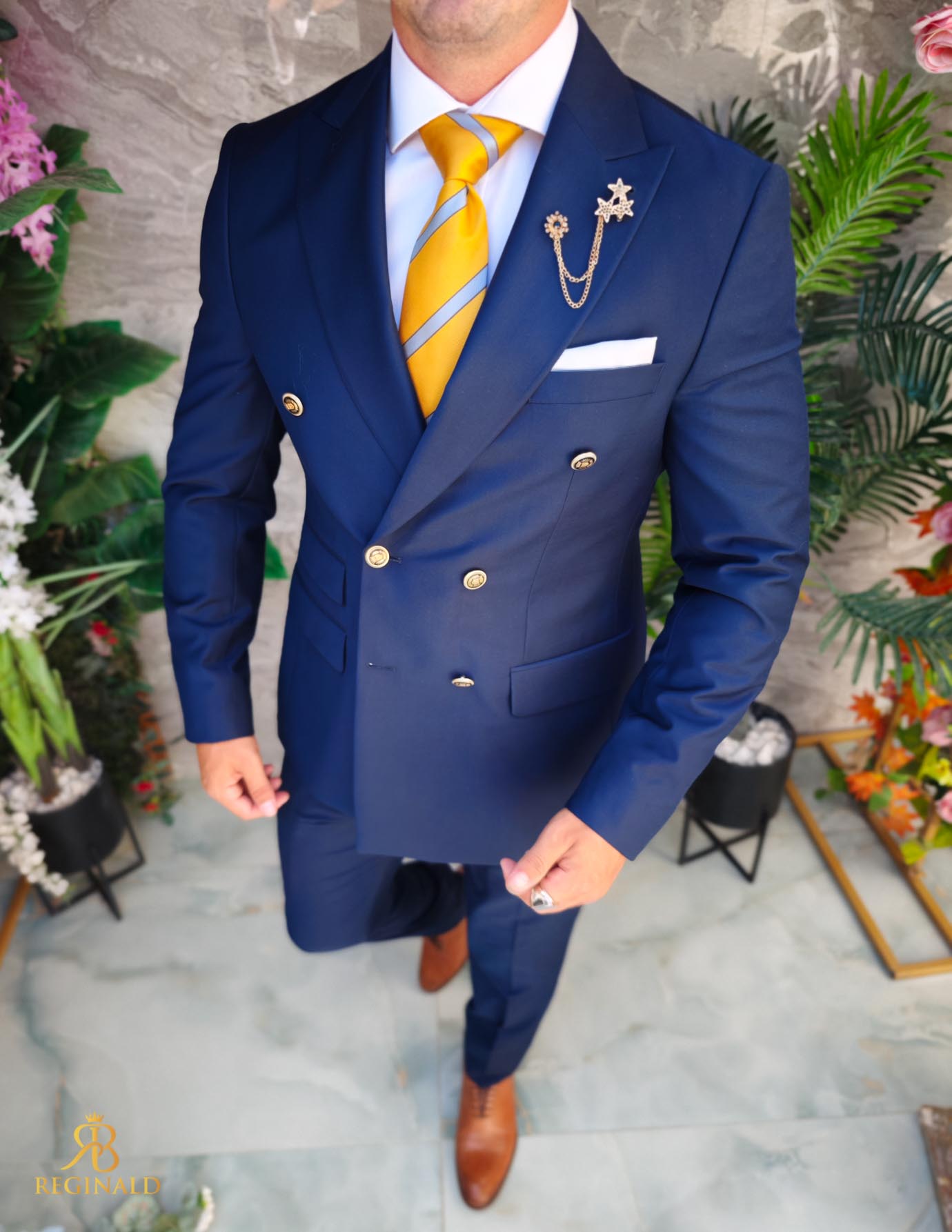 Costum de barbati elegant bleumarin cu butoni aurii Sacou si Pantalon - C3376 - imagine 2