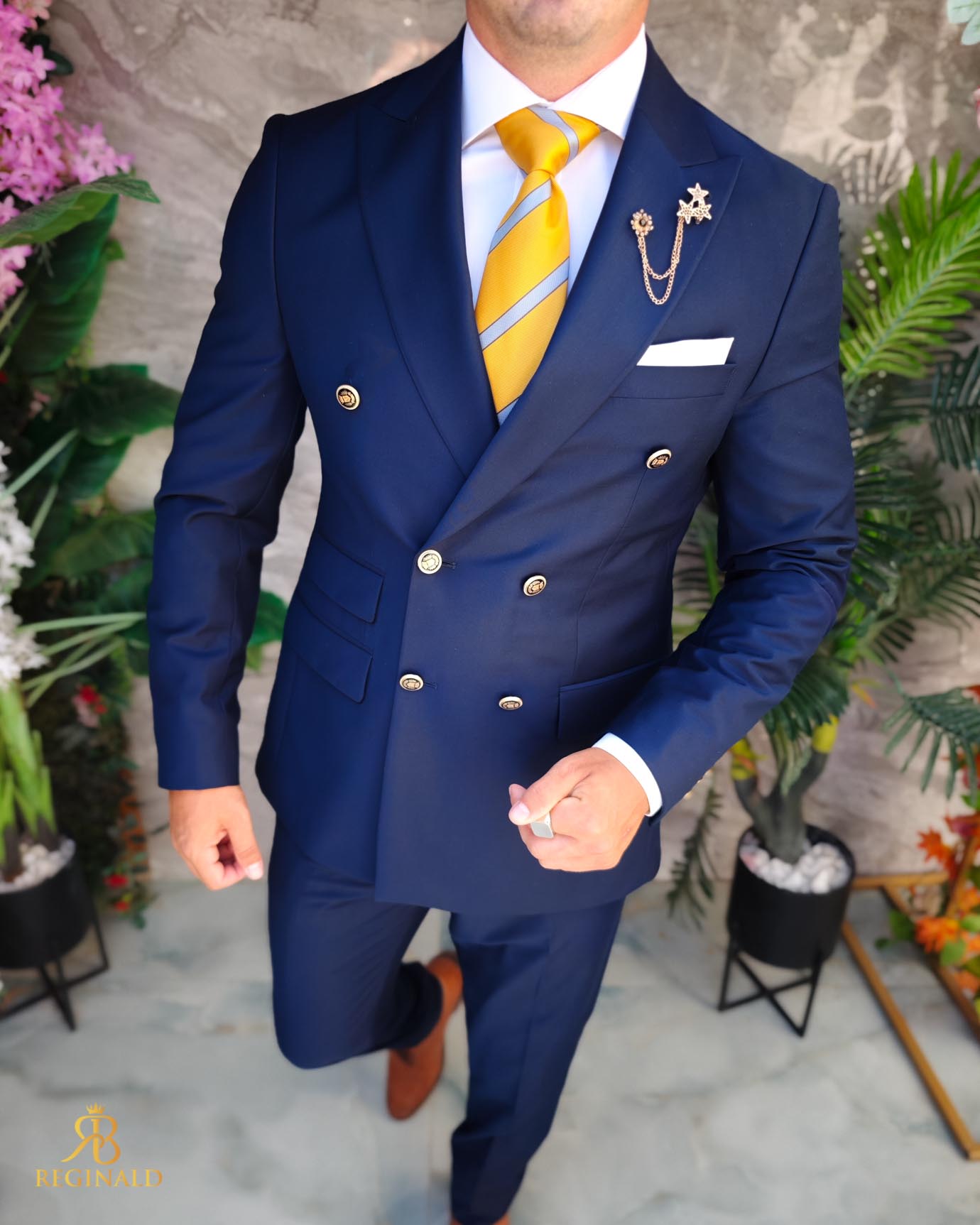 Costum de barbati elegant bleumarin cu butoni aurii Sacou si Pantalon - C3376 - imagine 3