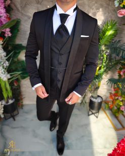 Costum negru NAS/MIRE, Sacou, Pantalon, Vesta, Cravata- C5267