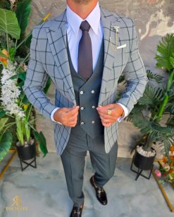 Costum de bărbați, Verde in carouri: Sacou, Vesta si Pantalon - C5306