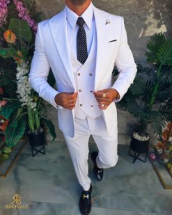 Costum de bărbați, alb cu nasturi aurii : Sacou, Vesta si Pantalon - C5304