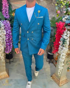 Costum de barbati Albastru turcoaz in dungi, butoni aurii : Sacou si Pantalon - C5289