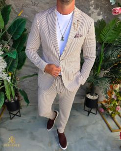 Costum de bărbați, Maro cu dungi albe : Sacou si Pantalon - C5293