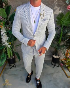 Costum de bărbați, Gri cu dungi albe: Sacou si Pantalon - C5295