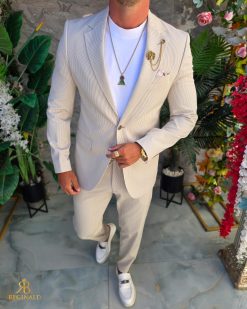 Costum de bărbați, Crem cu dungi albe : Sacou si Pantalon - C5296