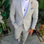 Men’s Suit, Light Green with White Stripes: Jacket and Trousers - C5297