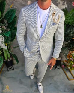 Costum de bărbați, Verde deschis cu dungi albe: Sacou si Pantalon - C5297