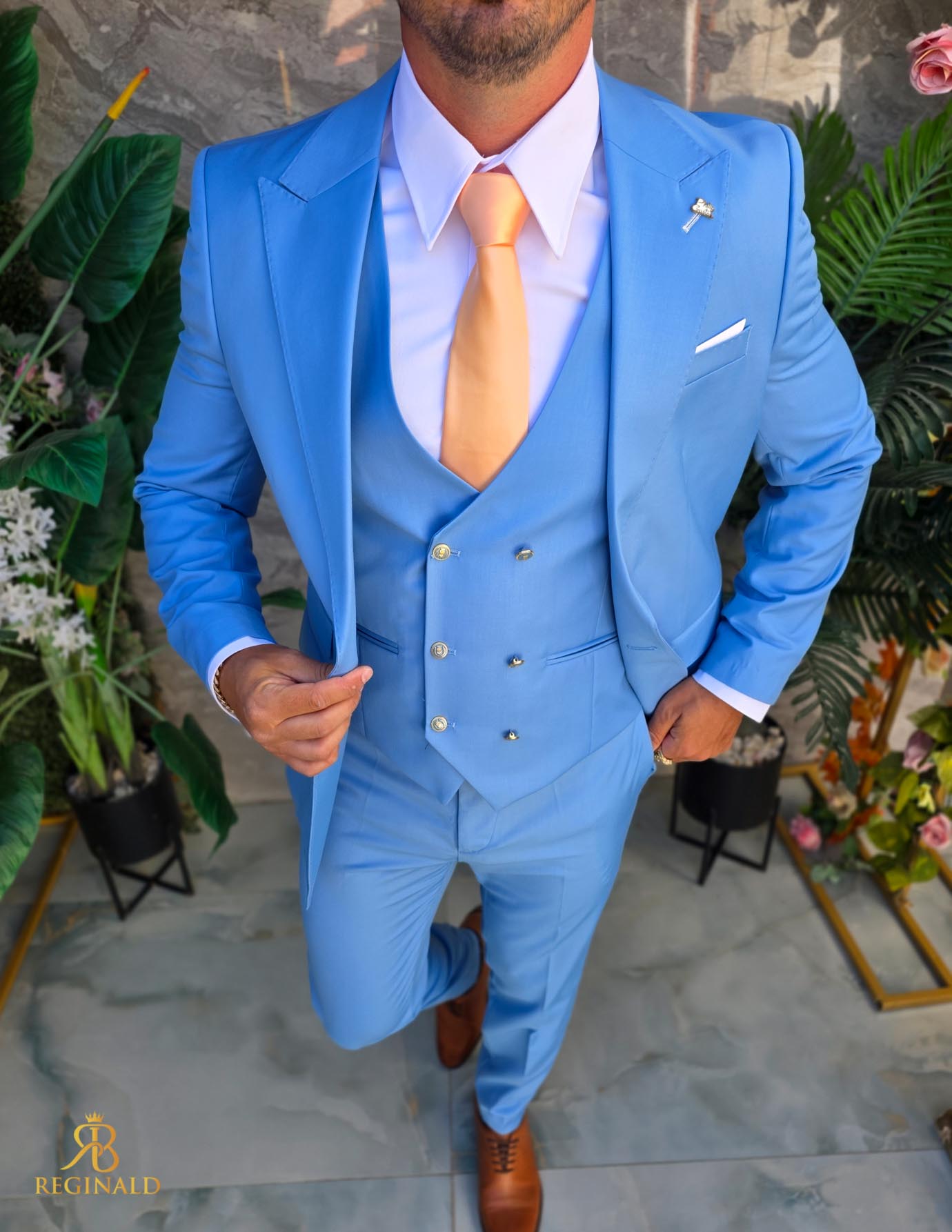 Costum de bărbați, Albastru cu nasturi aurii: Sacou, Vesta si Pantalon - C5307 - imagine 4