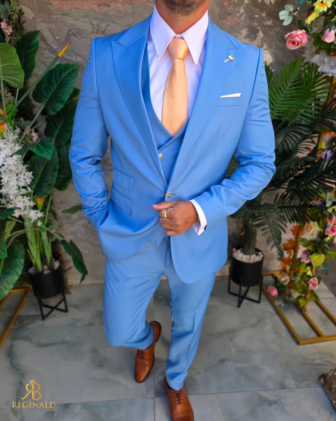 Costum de bărbați, Albastru cu nasturi aurii: Sacou, Vesta si Pantalon - C5307 - imagine 5