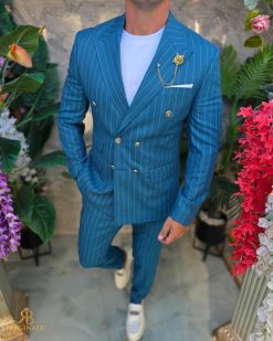 Alternative view of Costum de barbati Albastru turcoaz in dungi, butoni aurii : Sacou si Pantalon - C5289