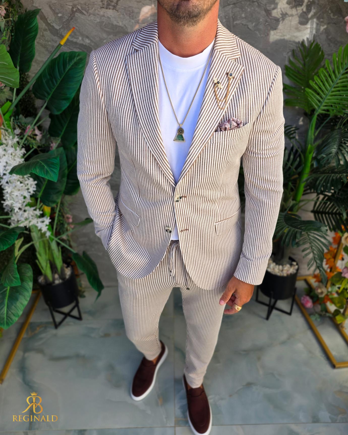 Costum de bărbați, Maro cu dungi albe : Sacou si Pantalon - C5293 - imagine 3
