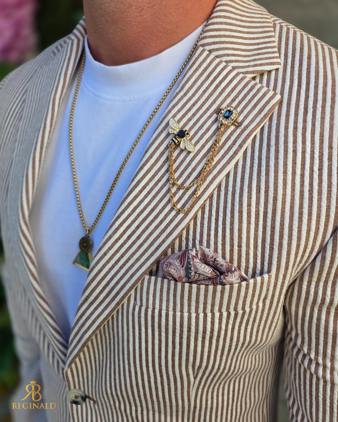 Costum de bărbați, Maro cu dungi albe : Sacou si Pantalon - C5293 - imagine 9