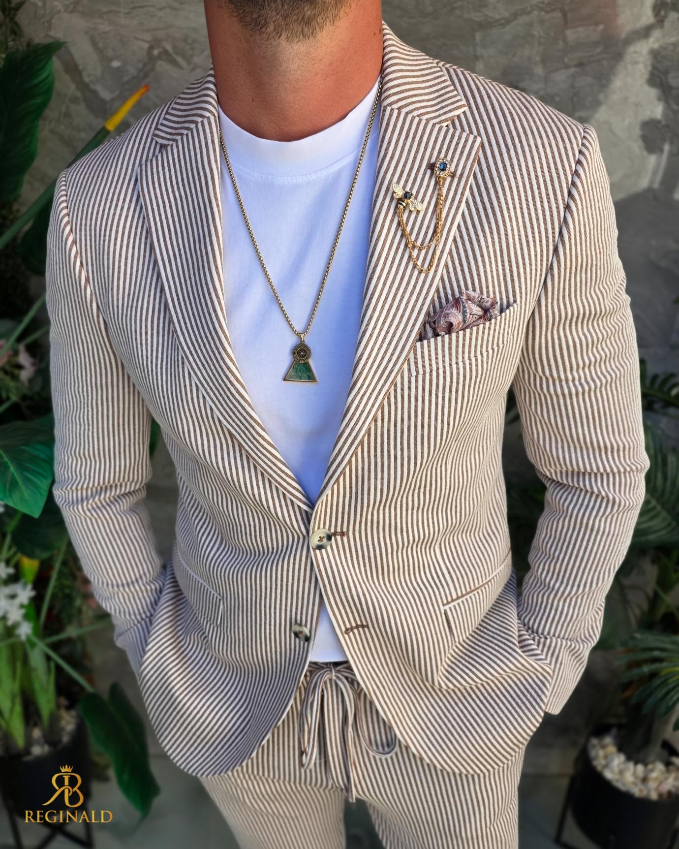 Costum de bărbați, Maro cu dungi albe : Sacou si Pantalon - C5293 - imagine 8