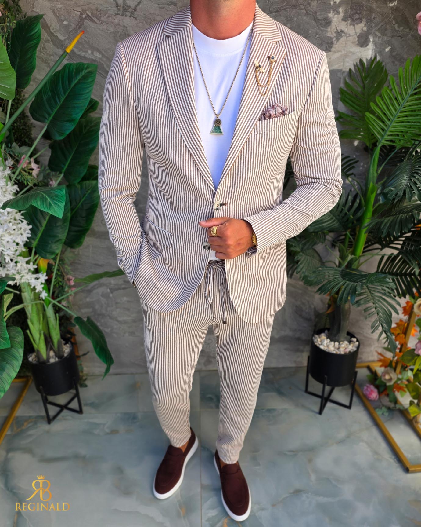 Costum de bărbați, Maro cu dungi albe : Sacou si Pantalon - C5293 - imagine 4
